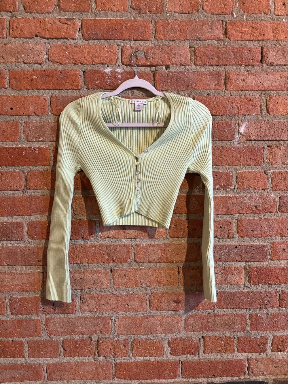 Sincerely Jules Light Green Ribbed Cropped Cardigan with Pearlescent Buttons